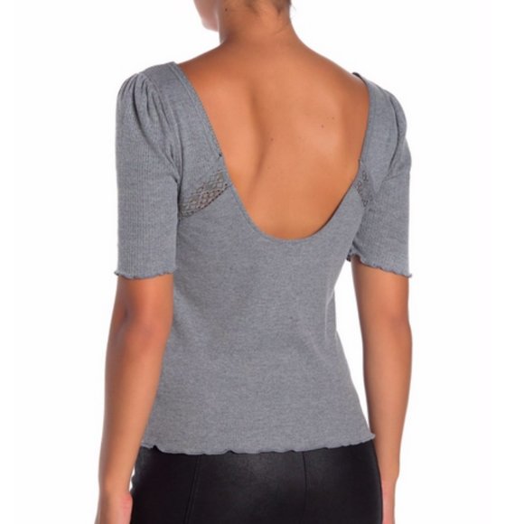 FREE PEOPLE GRAY ELBOW SLEEVE LACE TRIM SWEETHEART NECK MARGAUX TOP - Picture 2 of 4